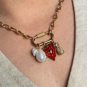 Gold Chain Necklace with Red Heart and Pearl Charms